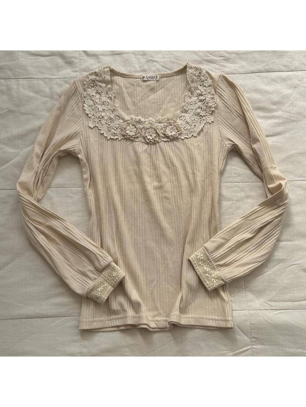 Axes Femme Cream Floral Lace Ribbed Long Sleeve Top M Japan